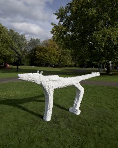 Sculpture of an abstract white dog by Lin May Saeed