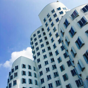 White wavy reflective Gehry buildings in Düsseldorf