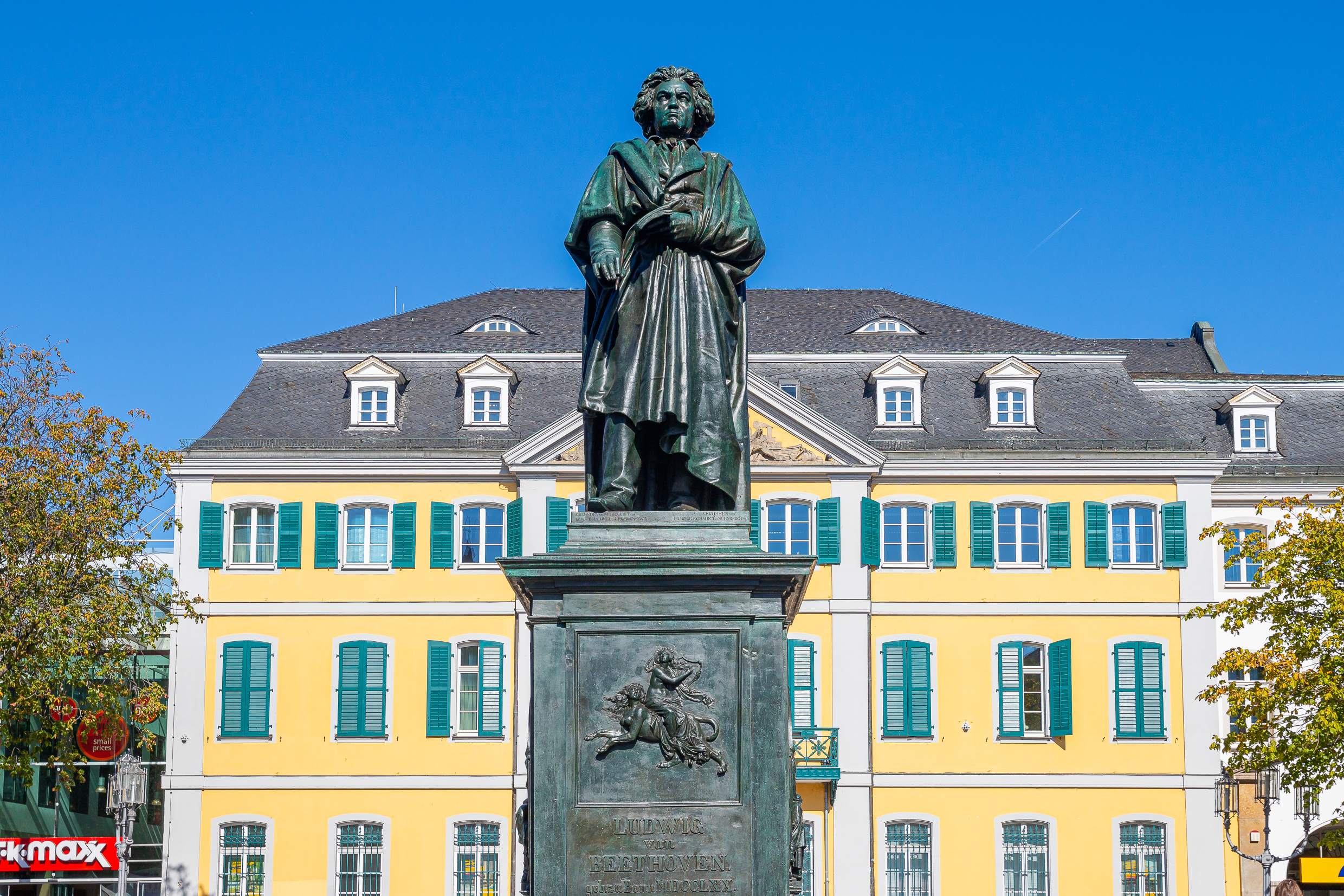 The courtyard of the Beethoven House in Bonn with a bust of Beethoven