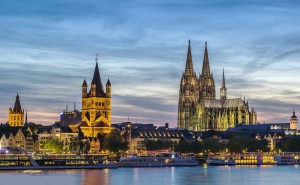 Rhine river shore old town cologne at night