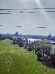 Aerial view of the Rheinpark, Rhine and Cologne Skyline