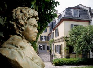 The courtyard of the Beethoven House in Bonn with a bust of Beethoven